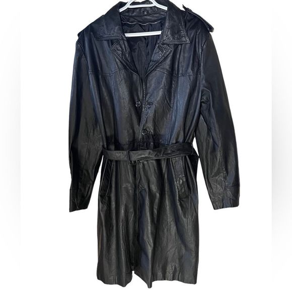 Long Leather Trench Coat Size 40 Which is Med to L Belted Single Breasted - Picture 2 of 10